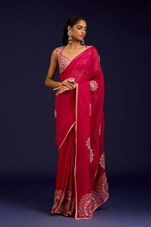 Fuchsia Embroidered Modal Satin Saree Set