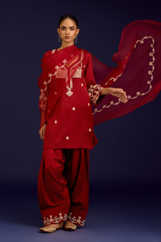 Rust Cotton Silk Satin Embroidered Kurta Set