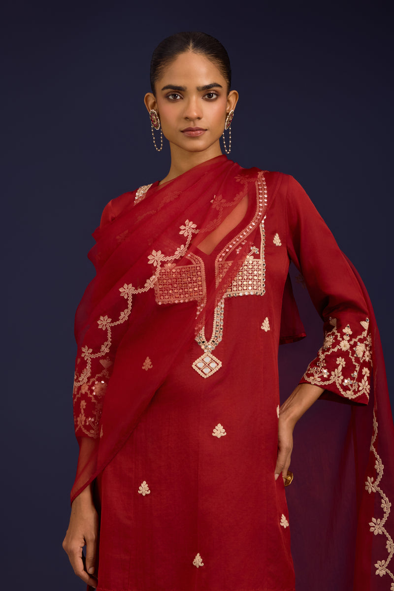 Rust Cotton Silk Satin Embroidered Kurta Set