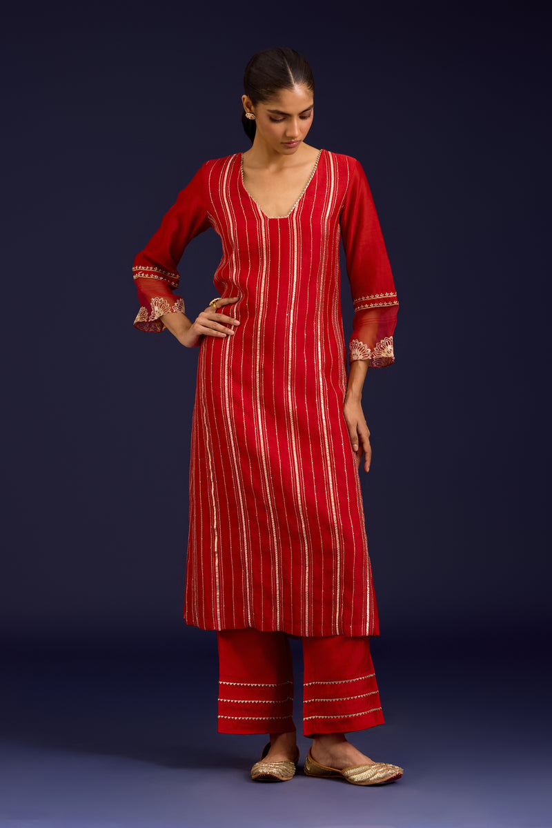 Red Zari Detailed Chanderi Kurta Set