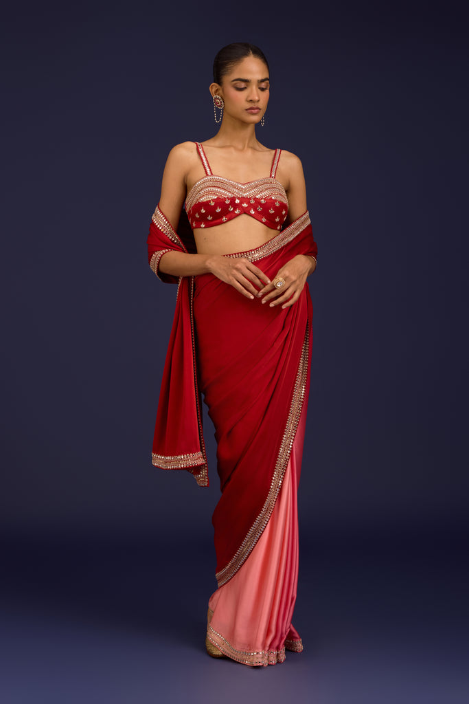 Blush Pink Embroidered Modal Satin Saree Set