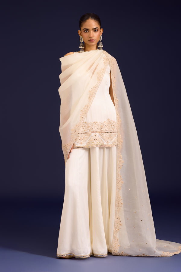Ivory Embroidered Modal satin Sharara Set