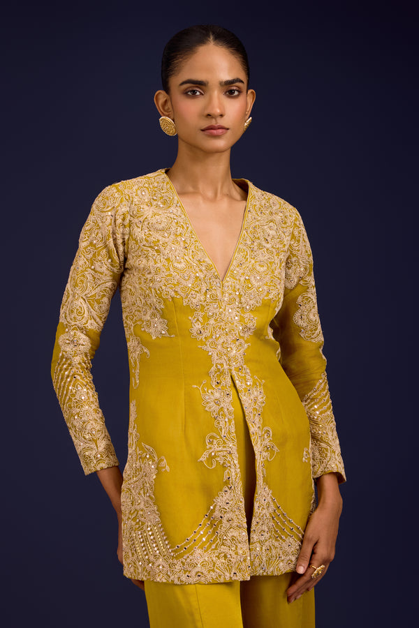 Mustard Organza Modal Satin Embroidered Sharara Set
