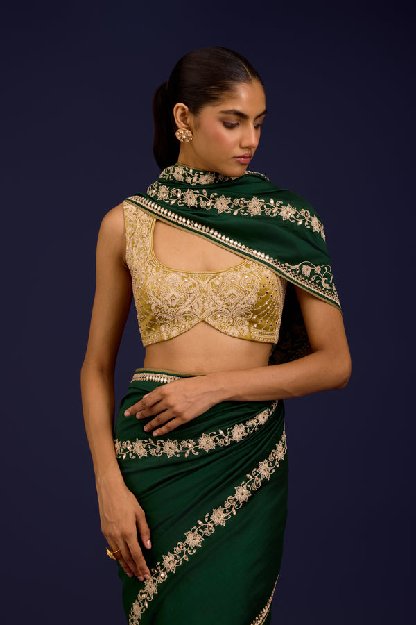 Green Embroidered Chinniya Silk Saree Set