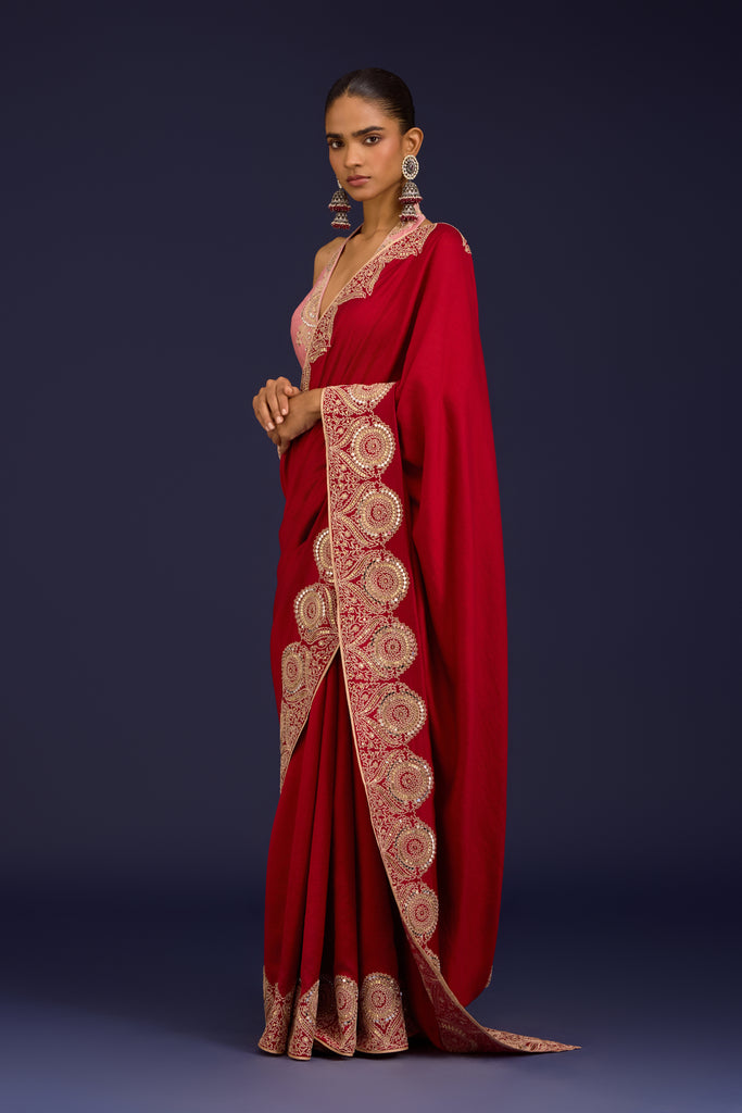 Red Embroidered Chinniya Silk Saree Set