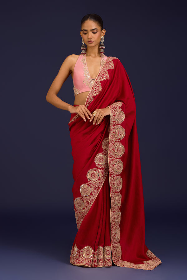 Red Embroidered Chinniya Silk Saree Set