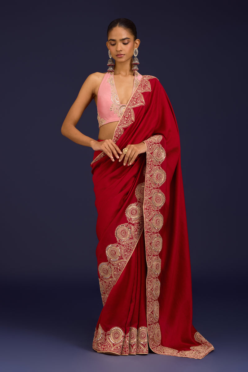 Red Embroidered Chinniya Silk Saree Set