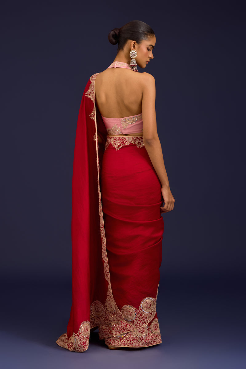 Red Embroidered Chinniya Silk Saree Set