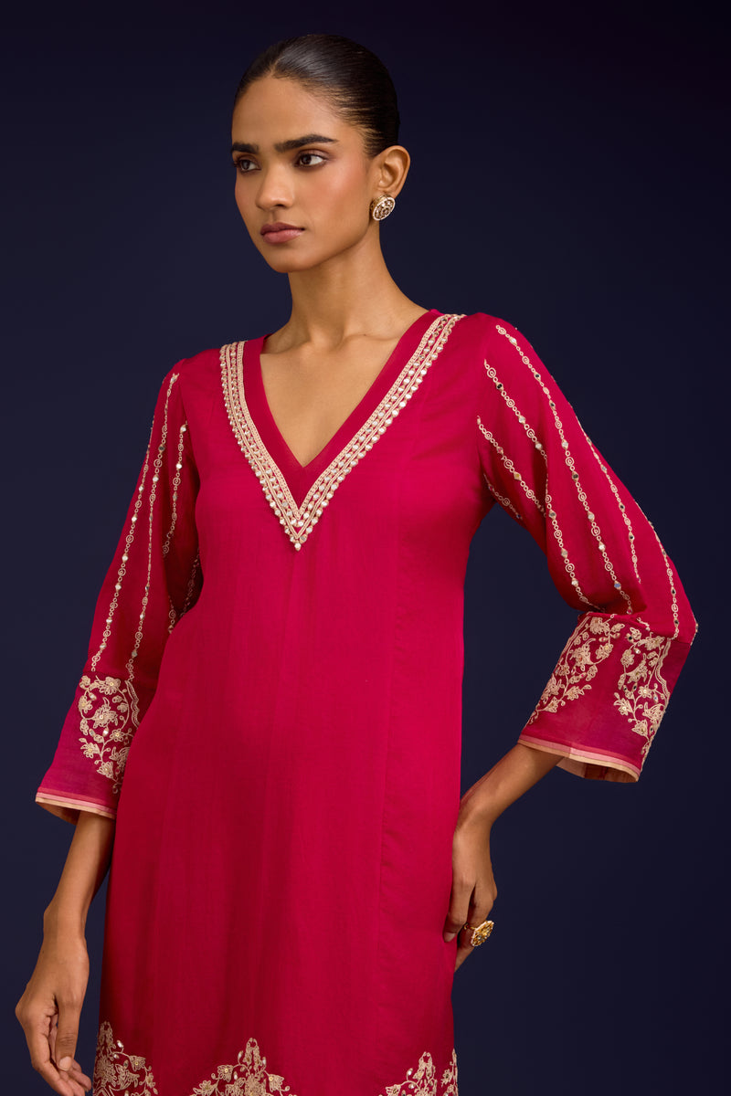 Fuchsia Cotton Silk Satin Embroidered Kurta Set