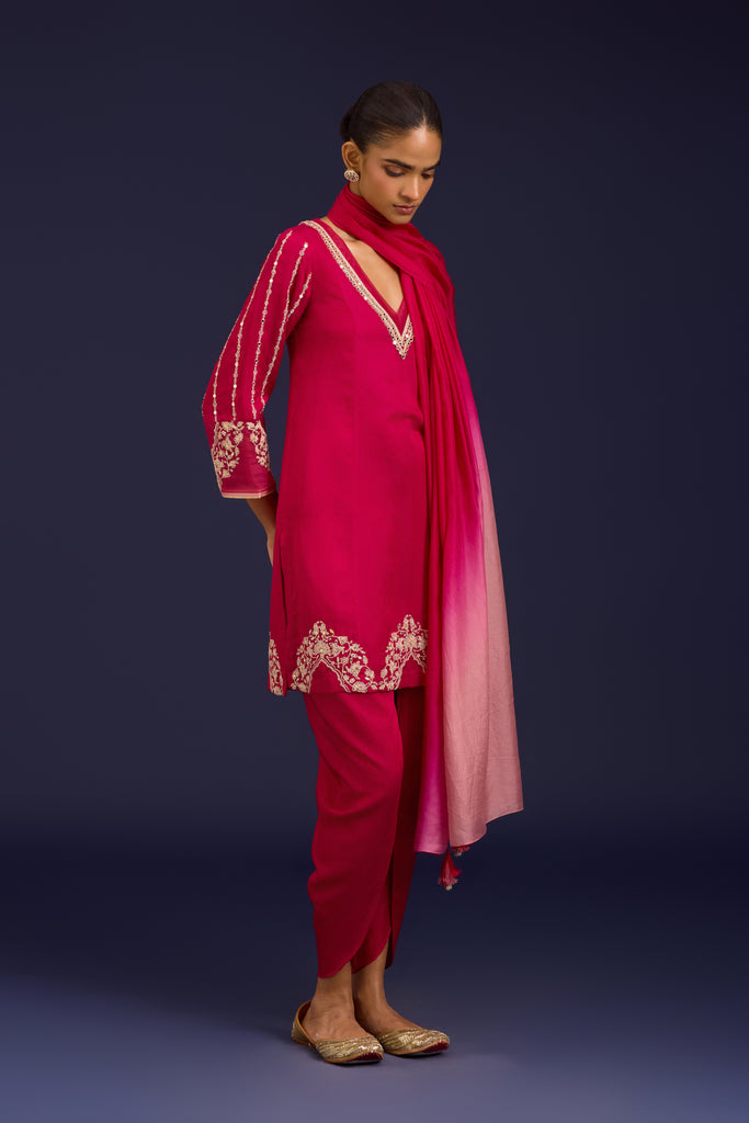 Fuchsia Cotton Silk Satin Embroidered Kurta Set