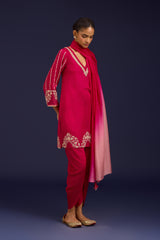 Fuchsia Cotton Silk Satin Embroidered Kurta Set