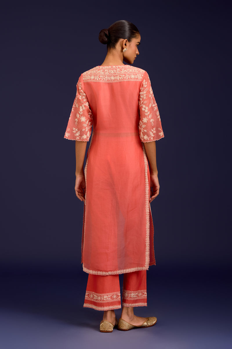 Peach Slit Silk Organza Kurta Set