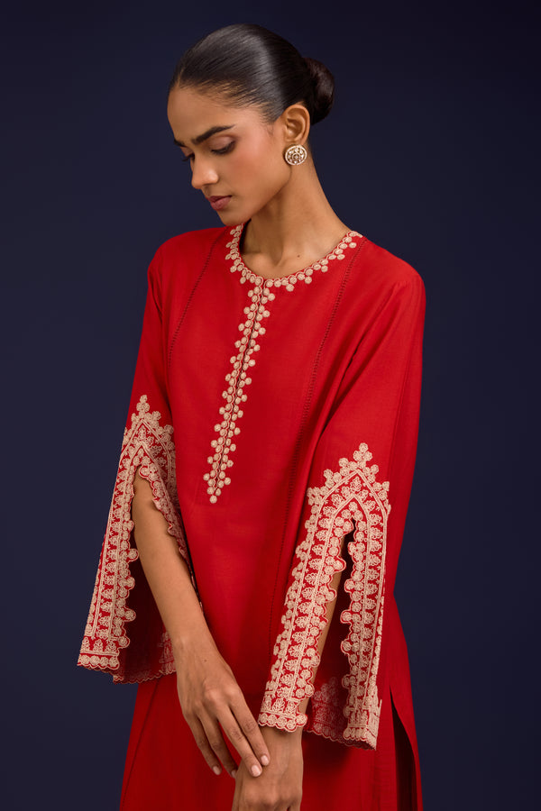 Red embroidered kurta set