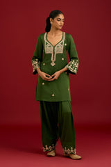 Green Cotton Satin Embroidered Kurta Set