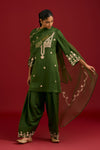 Green Cotton Satin Embroidered Kurta Set