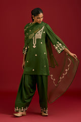 Green Cotton Satin Embroidered Kurta Set