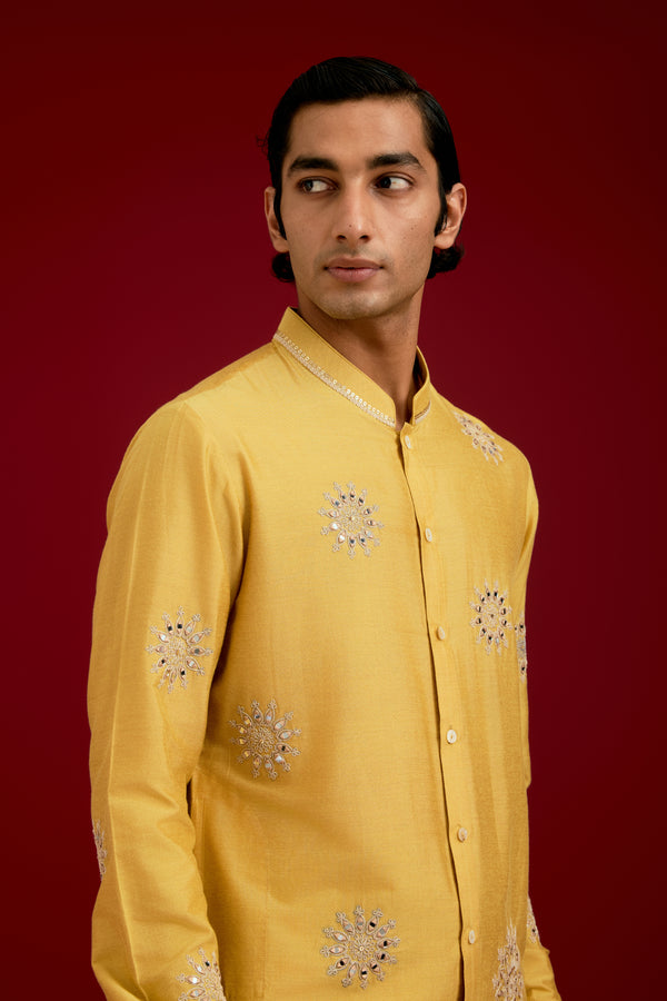 Mustard Cotton Silk Blend embroidered Kurta Set