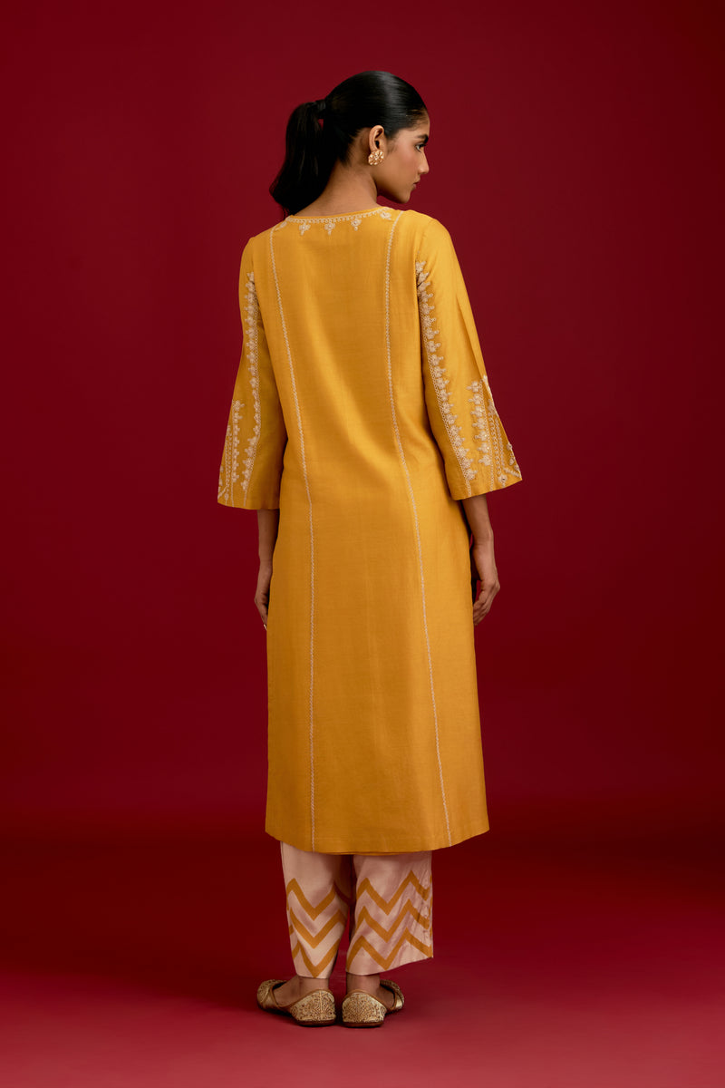 Mustard Cotton Silk Blend Embroidered Kurta Set