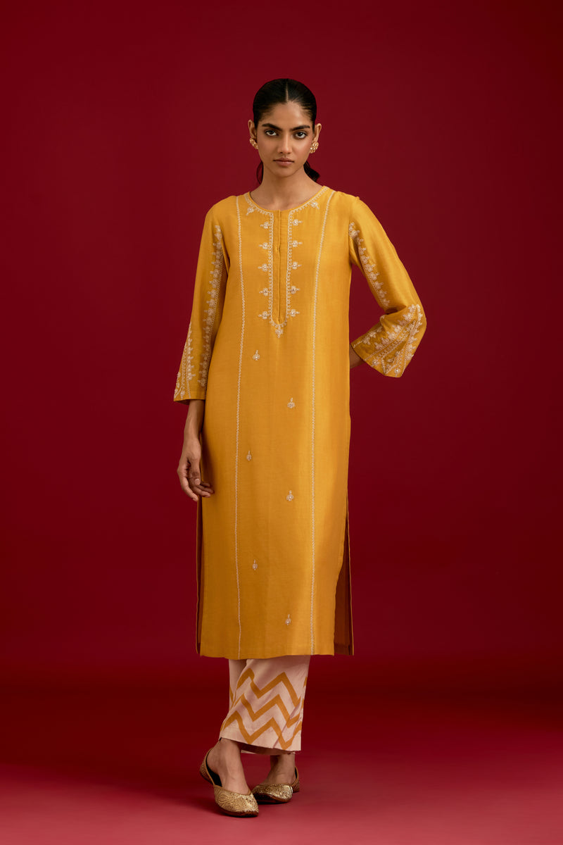 Mustard Cotton Silk Blend Embroidered Kurta Set