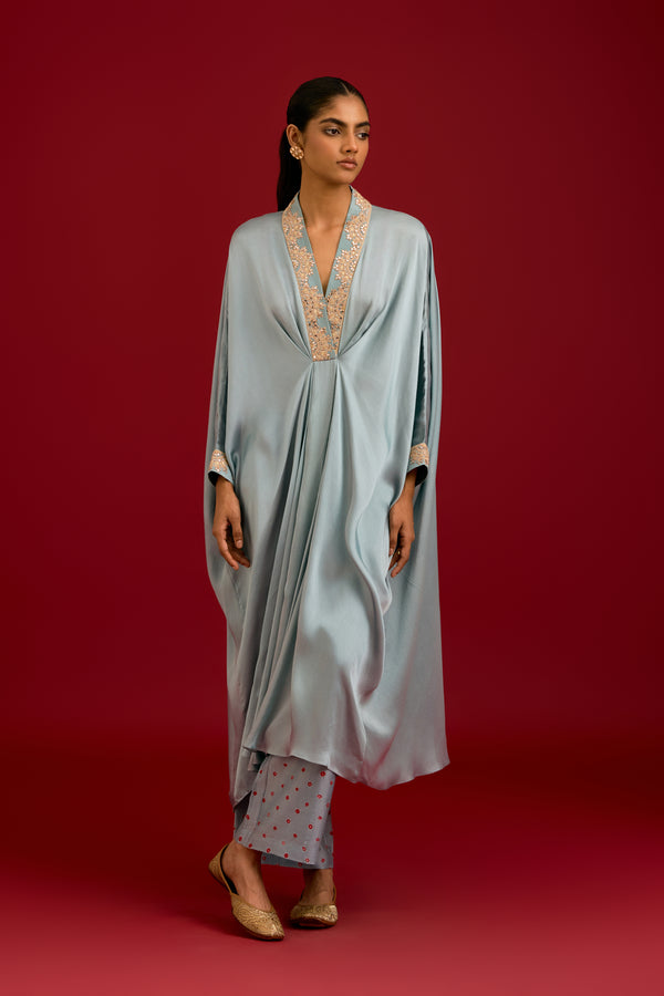 Slate Blue Modal Satin Embroidered Kaftan Set