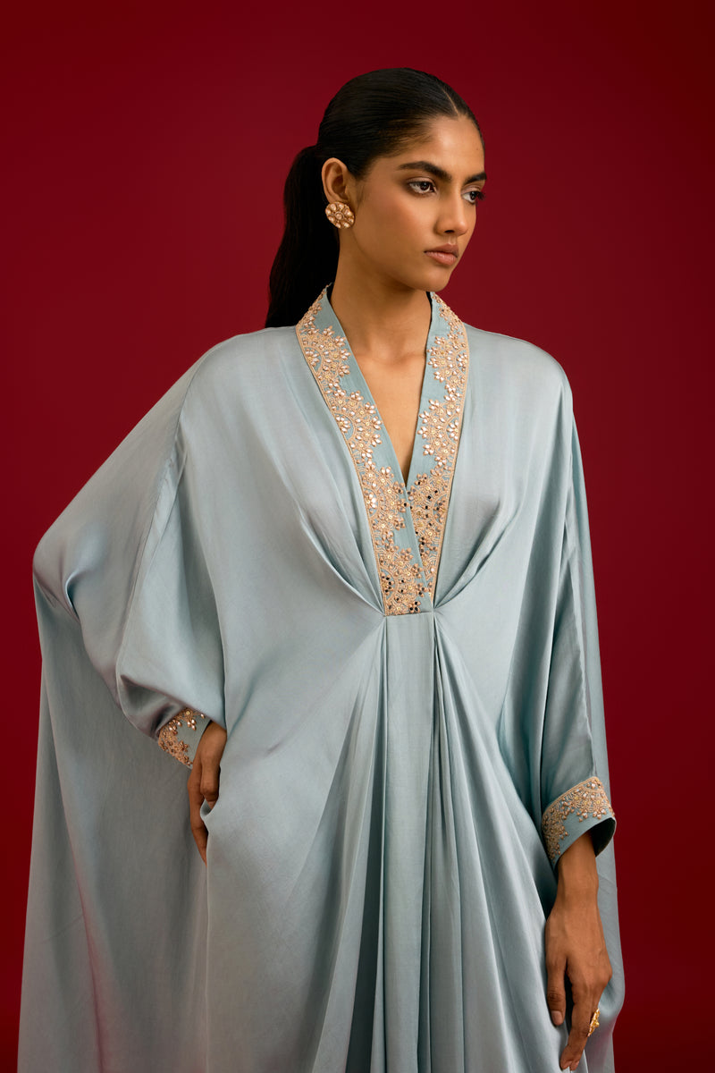 Slate Blue Modal Satin Embroidered Kaftan Set