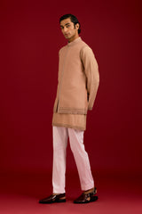 Beige Linen Satin Cotton Silk Blend embroidered  Bundi Set