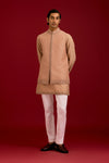 Beige Linen Satin Cotton Silk Blend embroidered  Bundi Set