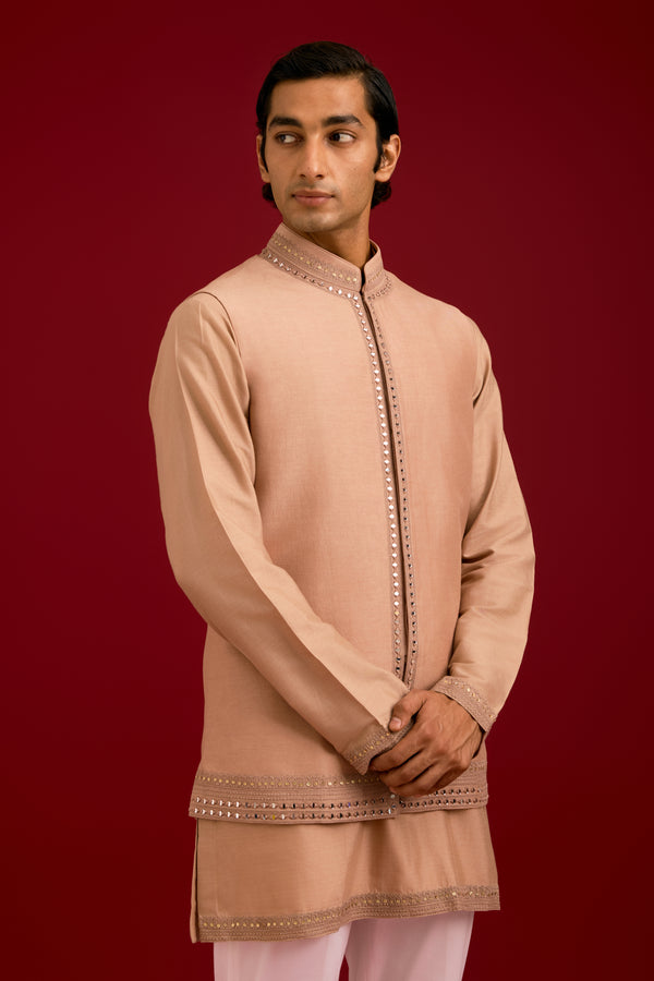Beige Linen Satin Cotton Silk Blend embroidered  Bundi Set