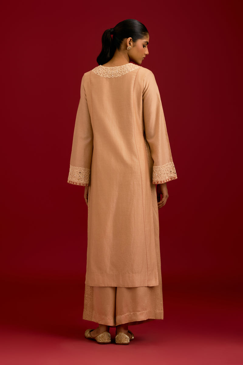 Beige Silk Chanderi Embroidered Kurta Set