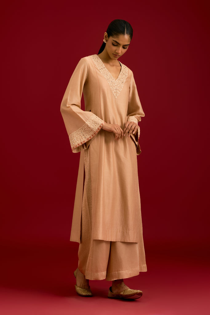 Beige Silk Chanderi Embroidered Kurta Set