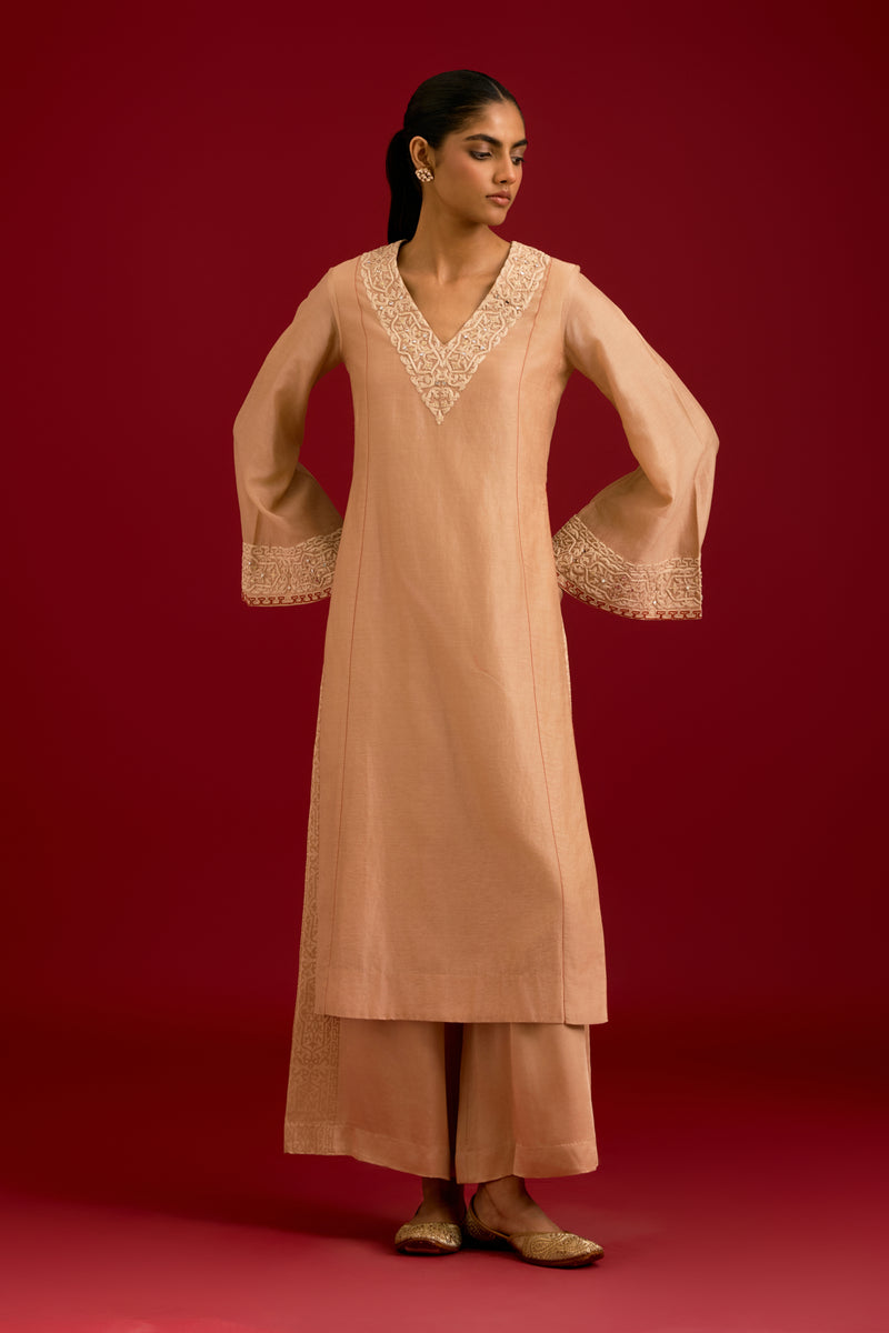 Beige Silk Chanderi Embroidered Kurta Set