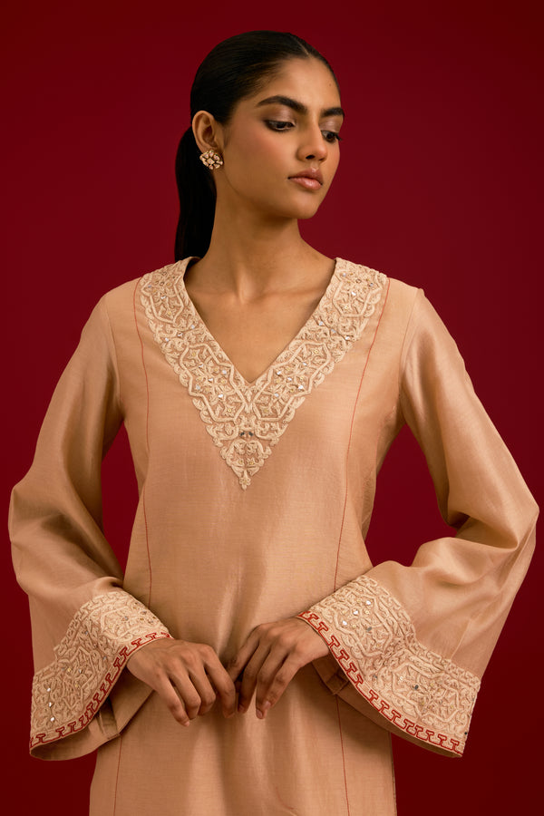 Beige Silk Chanderi Embroidered Kurta Set