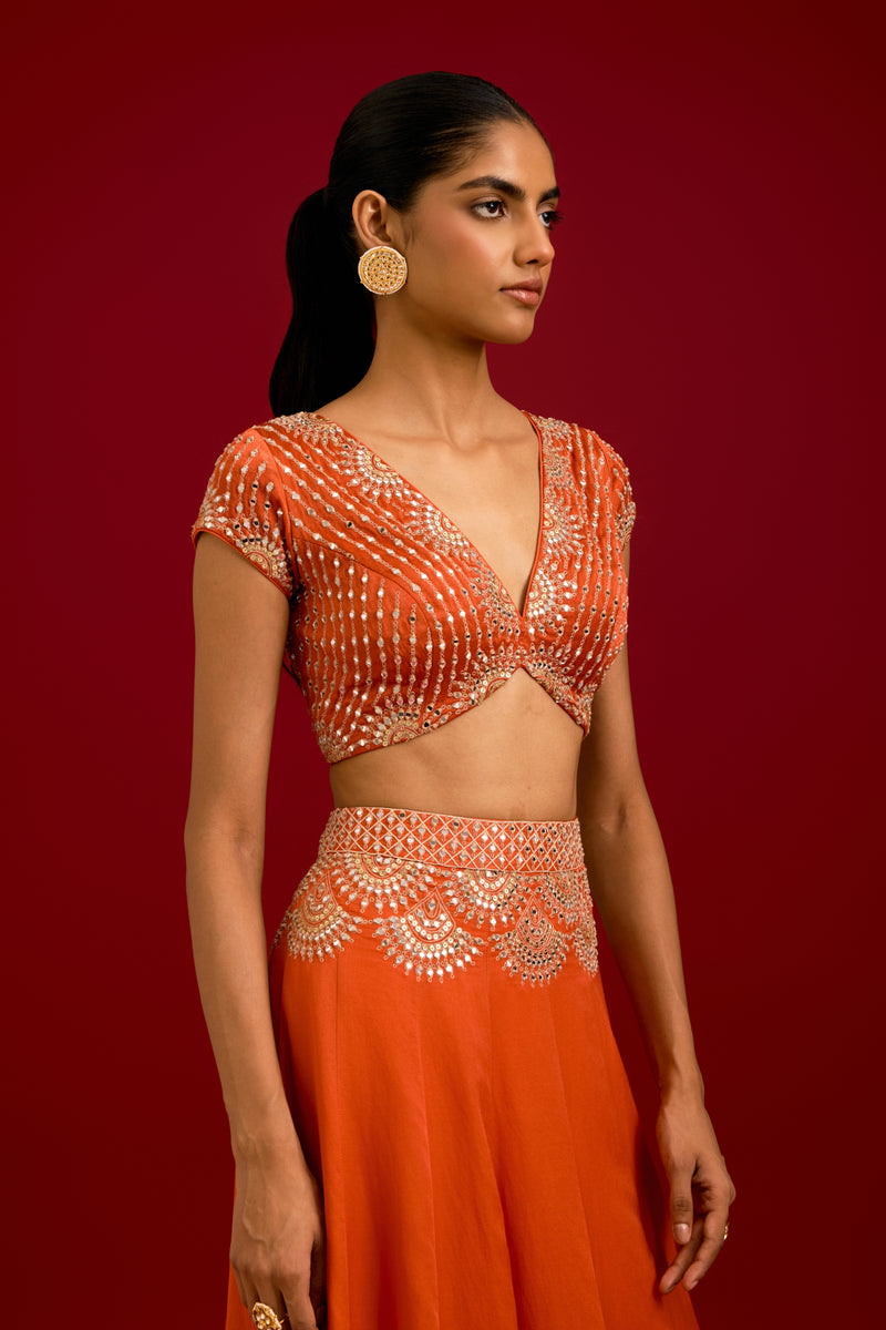 Orange Embroidered Gajji & Cotton Silk Lehenga Set