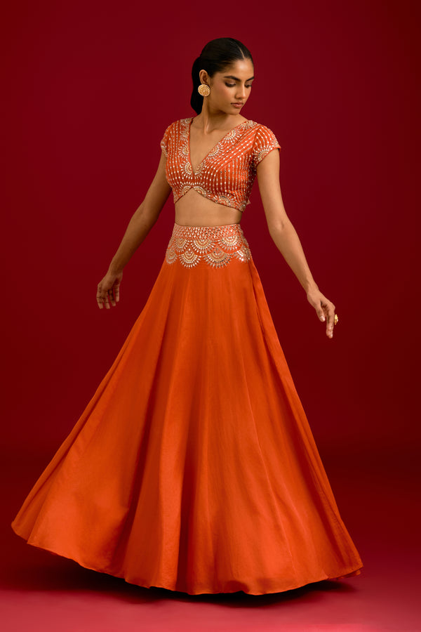 Orange Embroidered Gajji & Cotton Silk Lehenga Set