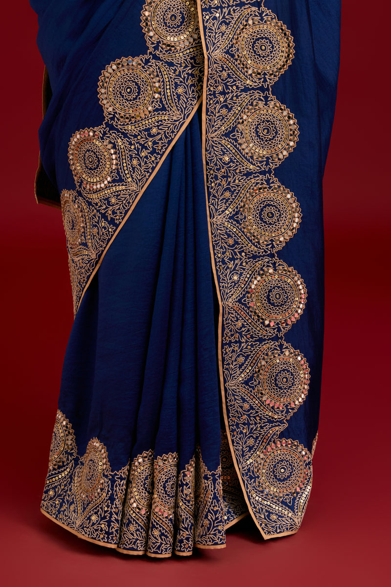 Navy Blue Embroidered Chinniya Silk Saree Set