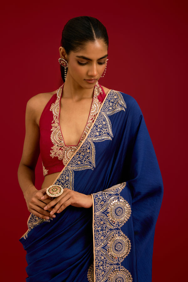 Navy Blue Embroidered Chinniya Silk Saree Set