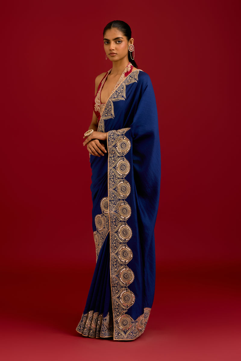 Navy Blue Embroidered Chinniya Silk Saree Set