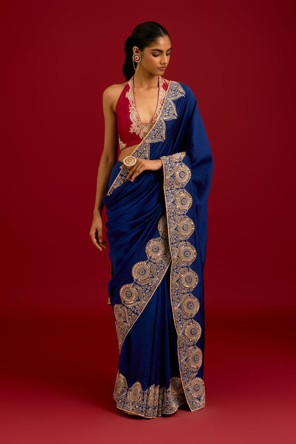 Navy Blue Embroidered Chinniya Silk Saree Set