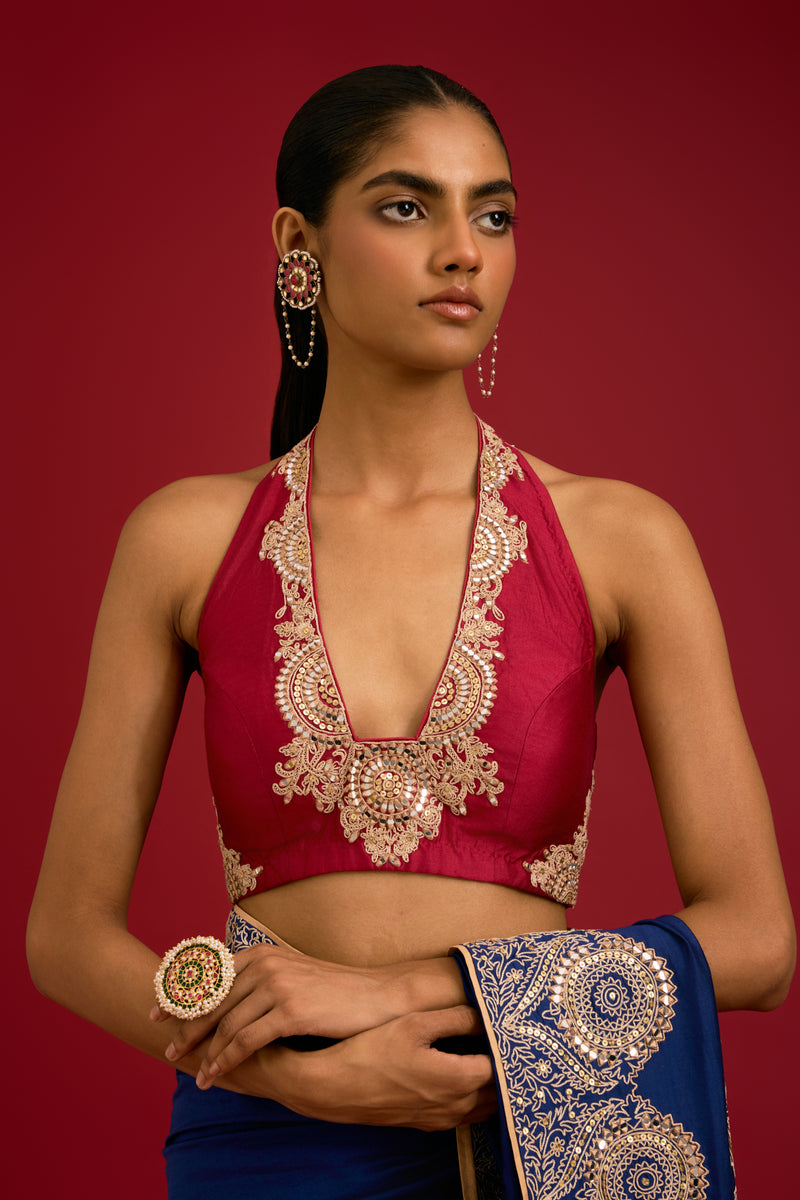 Navy Blue Embroidered Chinniya Silk Saree Set