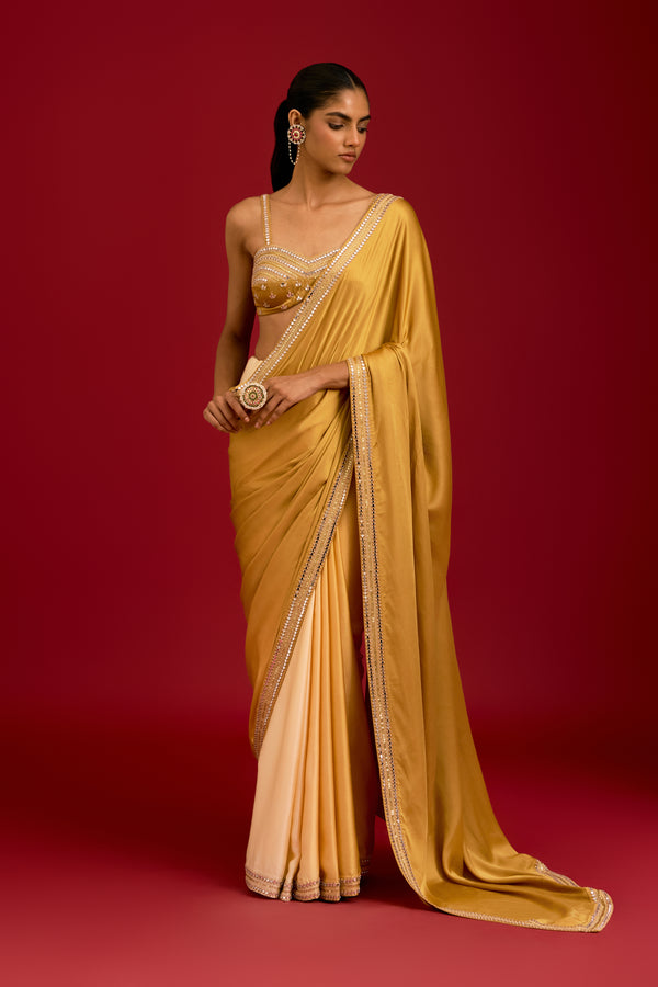 Mustard Embroidered Modal Satin Saree Set
