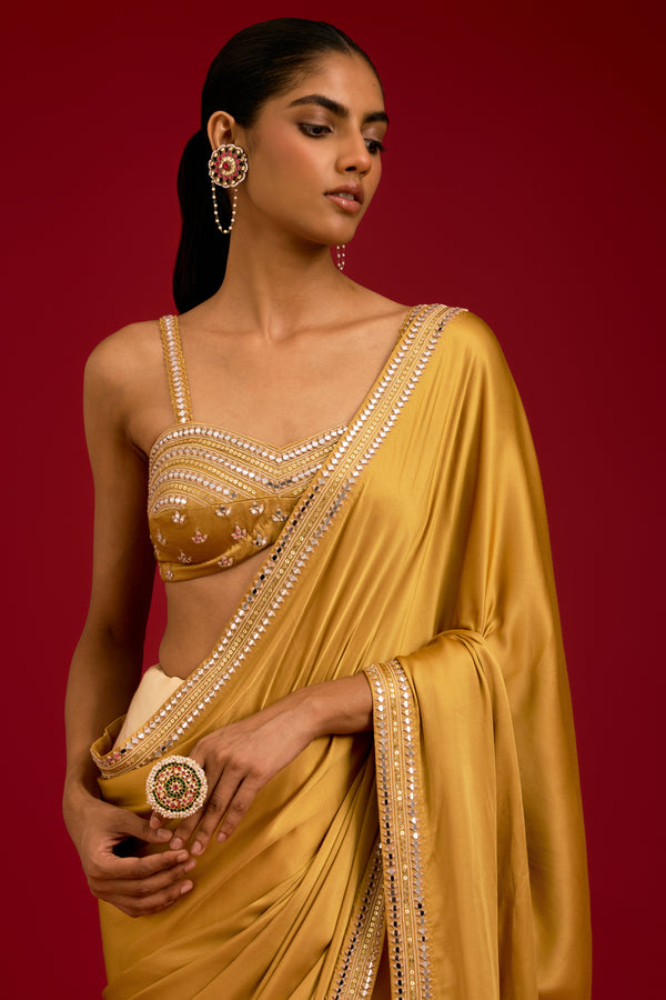 Mustard Embroidered Modal Satin Saree Set