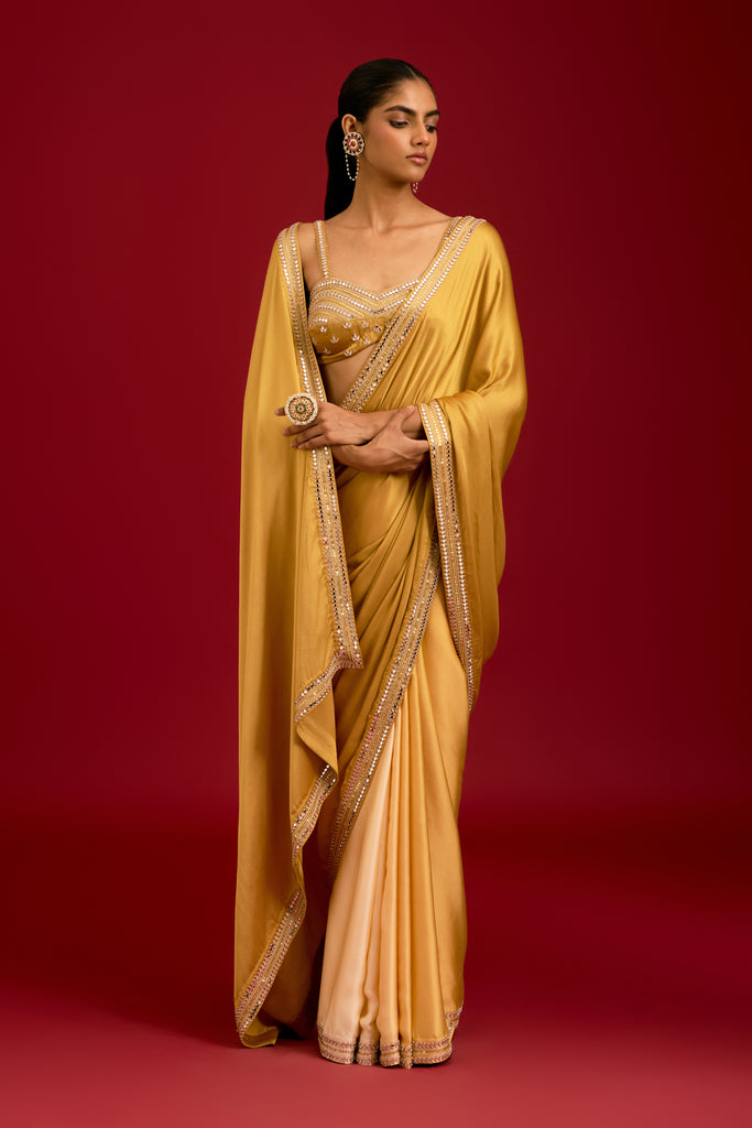 Mustard Embroidered Modal Satin Saree Set
