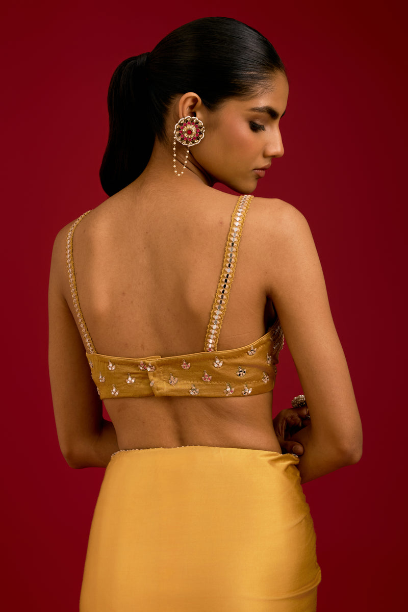 Mustard Embroidered Modal Satin Saree Set