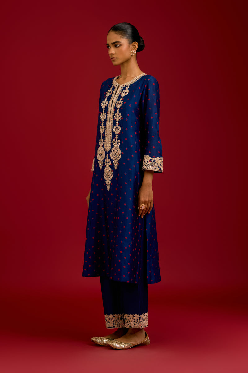 Navy Bhandhej Embroidered Kurta Set