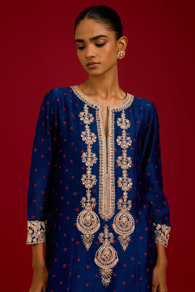 Navy Bhandhej Embroidered Kurta Set