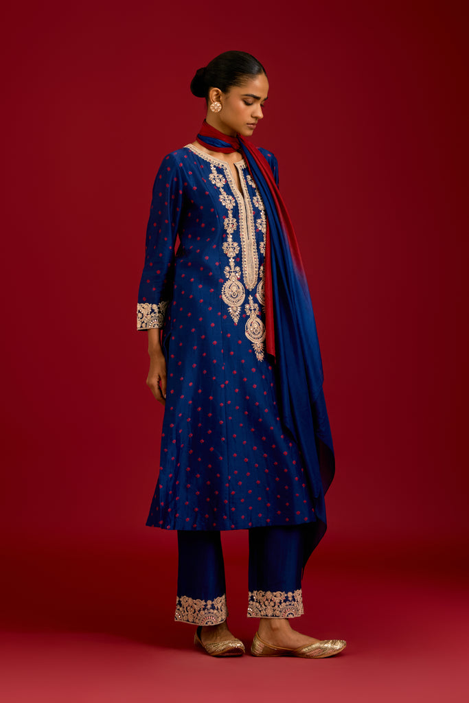 Navy Bhandhej Embroidered Kurta Set