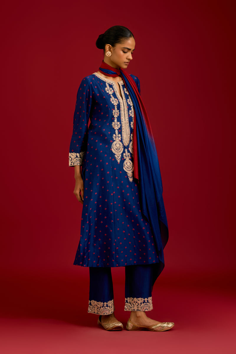 Navy Bhandhej Embroidered Kurta Set