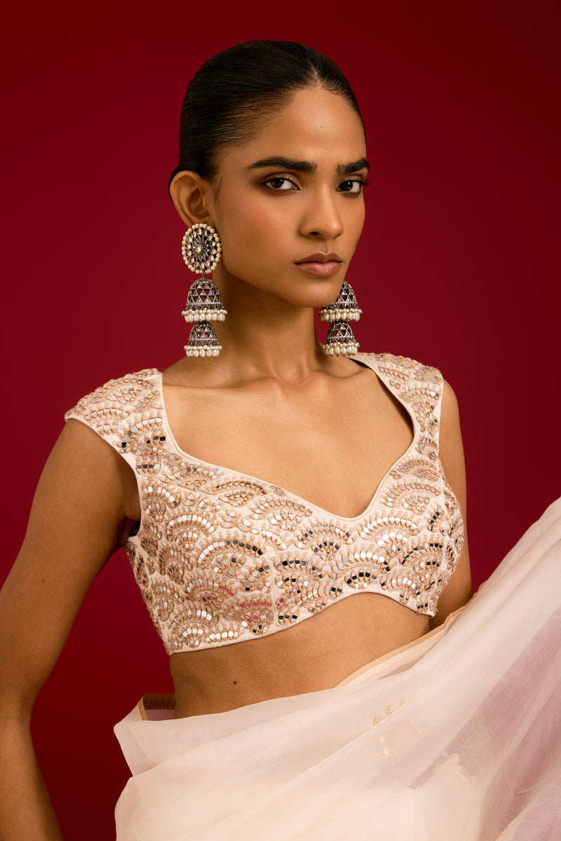 Ivory Embroidered Modal Satin Saree Set