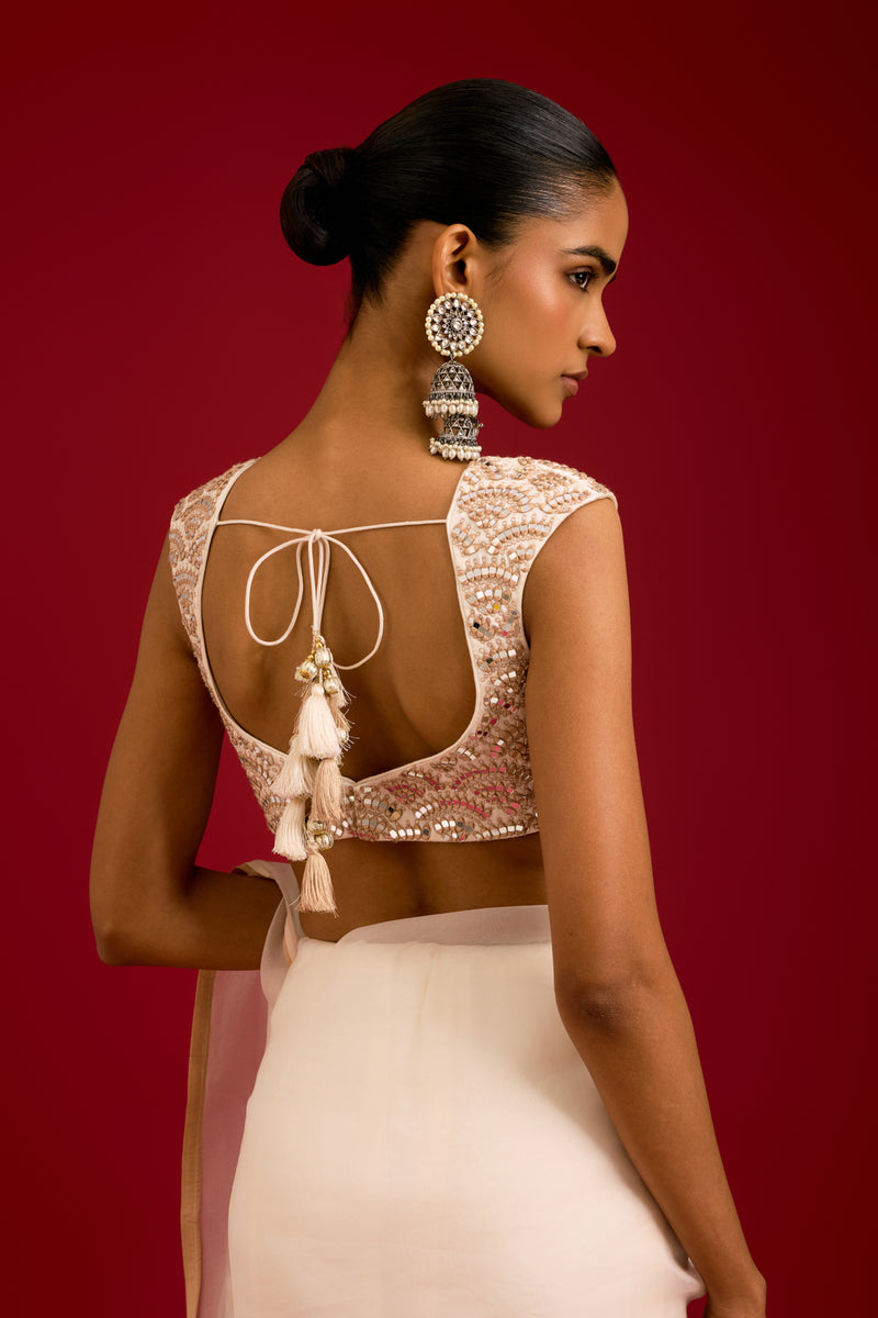 Ivory Embroidered Modal Satin Saree Set