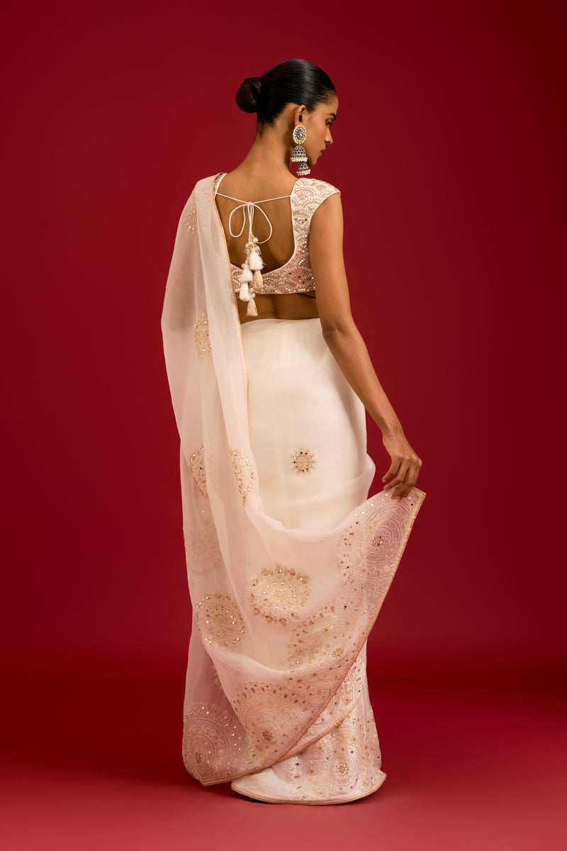 Ivory Embroidered Modal Satin Saree Set